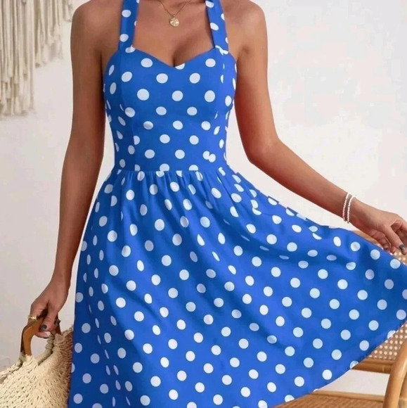 Polka Dot Print Tie Backless Halter Dress - Picture 3 of 4